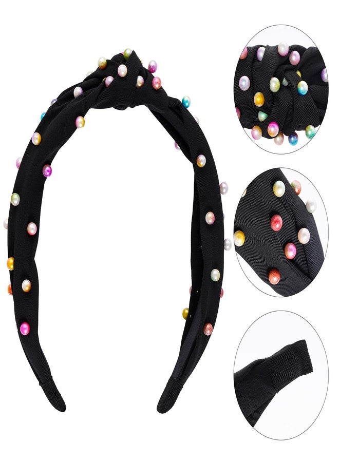 Sucrain 3 Pcs Pearl Knotted Headbands for Women Girls Colorful Jeweled Embellished Gem Faux Pearl Cross Knot Twisted Hairband Turban Headband Hair Accessories(Black,White,Pink) - Image 3